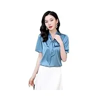 chemise élégante en soie pour femme avec col écharpe solide à manches courtes, bleu, xl