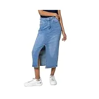nina carter p215 jupe en jean pour femme - taille haute - longueur mollet - avec fente avant - jupe longue - fermeture éclair - stretch - look usé, bleu clair (p215-6), xxl