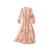 hangerfeng robe pour femme en soie avec broderie florale et col montant, manches longues, corde, robe midi rose, jupe trapèze 2802, rose, taille m