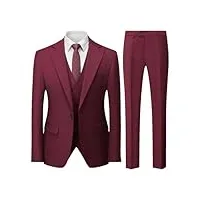 hommes slim robe de mariée blazer veste homme trois pièces costume couleur unie manteau gilet pantalon gilet, lot de 3 pièces rouge vin, xxl