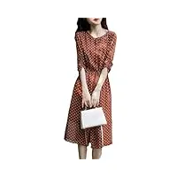 robe d'été en soie pour femme - manches courtes - col rond - cordon de serrage - longue robe en soie, rouge brique, l