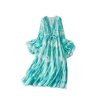 robe de plage élégante pour femme - printemps et été - robe à manches longues - version trapèze - robe longue à volants, bleu lac, s