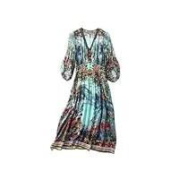robe de soirée d'été en soie pour femme avec col en v et motif floral, bleu, xl