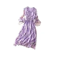 robe d'été en soie pour femme - col en v - manches cloches - Élégante robe de vacances imprimée, violet, l
