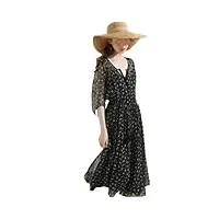 robe de soirée en soie pour femme - col en v - Élégante robe imprimée - robe de plage et de vacances, noir , taille xs