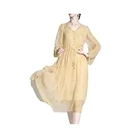 robe élégante en soie de printemps et d'été, col en v, manches bouffantes, couleur unie, jupe trapèze douce, jaune, m