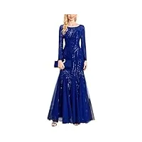 robe de soirée à manches longues en tulle à col rond pour femme - robe de bal de fin d'année, de mariage, bleu marine, xl
