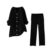 tenue plissée 2 pièces pour femme - ensemble pantalon large + boutonné - long et élégant - t-shirt à manches longues - vêtement de détente - tenue streatwear décontractée - Été 1, a1 - noir., xxxxl