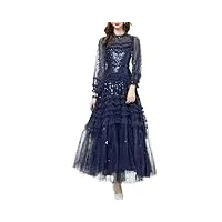 robe longue à manches longues et col rond pour femme - en maille - À paillettes - style vintage, bleu foncé, xl