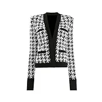 sukori manteaux pour femme women winter fall tweed chic short slim jacket classic houndstooth pattern cardigan casual coat high quality (color : black, size : xl)