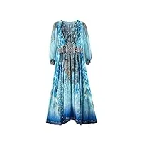 hangerfeng robe longue en soie imprimée paon à manches longues et col en v élastique taille haute pour femme 2817, bleu, taille m