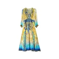 hangerfeng robe longue en soie imprimée paon à manches longues et col en v élastique taille haute pour femme 2817, jaune, xx-large