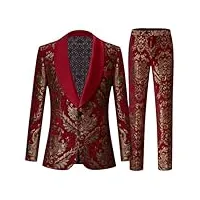 veste pantalon homme business casual slim suit 2 pièces ensembles mode fleur imprimé smoking mariage formelle robe blazer, rouge, xxl
