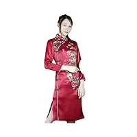 style chinois cheongsam d'été brodé col montant robe en soie rétro femme jupe crayon mince, bordeaux, m