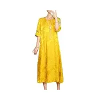 robe d'été pour femme avec col rond et broderie jacquard rétro, jaune, l