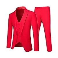 costume 3 pièces pour homme - couleur unie - coupe ajustée - bouton unique - revers - gilet et pantalon, lot de 3 pièces rouge, taille m