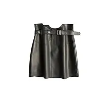 mini jupe sexy en cuir véritable pour femme, taille haute, boutons, ceinture rétro, jupe crayon, noir , 36