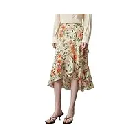 dndrdhfb jupe en soie à volants pour femme - imprimé floral - taille haute - pour le bureau - jupes décontractées, orange, 40
