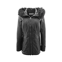 manteau à capuche mi-long en cuir véritable pour femme motif fleur noir, noir , 50