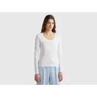 benetton, t-shirt à manches longues en pur coton, taille xxs, blanc, femme