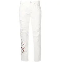 off-white jean droit à effet usé et fleurs brodées - blanc