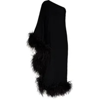 taller marmo robe longue bordée de plumes ubud à design à une épaule - noir