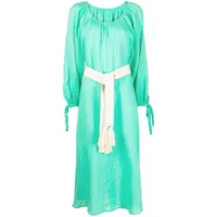 120% lino robe mi-longue à taille ceinturée - vert