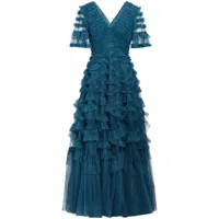 needle & thread robe longue marilla à volants - bleu