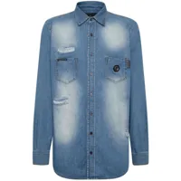 philipp plein chemise en jean imprimée à ornements en cristal - bleu