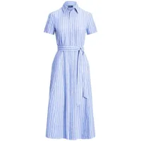 polo ralph lauren robe-chemise ceinturée en lin à rayures - bleu