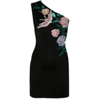 balmain robe courte asymétrique à fleurs brodées - noir