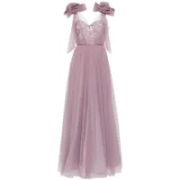 badgley mischka robe longue en tulle à appliques fleurs - violet