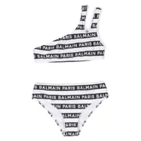 balmain kids bikini rayé à logo imprimé - blanc