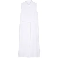 120% lino robe mi-longue à taille ceinturée - blanc