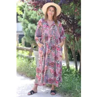 robe longue et large en coton imprimé floral col pompons