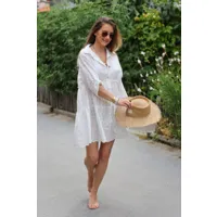 robe blanc cassé col chemise froufrous petite broderie anglaise