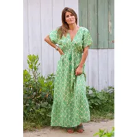 robe longue en coton dos nu et lien à la taille motif soleil œil vert