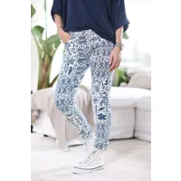 pantalon blanc en toile imprimé feuilles et cachemire bleu jean