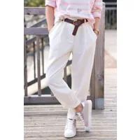 pantalon fluide blanc cassé coupe chino tailleur avec ceinture simili