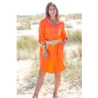 robe chemise orange en lin boutonnée poche sequins
