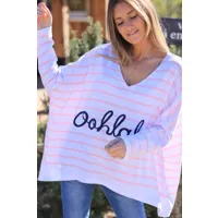 pull blanc large en maille coton marinière oohlala rayures rose