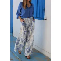 pantalon large en gaze de coton confort imprimé toile de jouy bleu roi