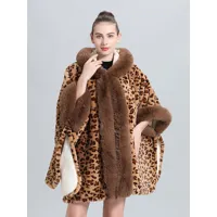poncho femme imprimé léopard capuche manteau fourrure