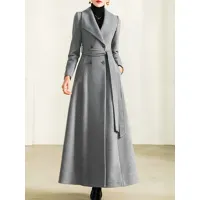 manteau long pour femme gris col rabattu manches longues ceinture classique hiver manteau chaud