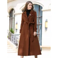 manteau pour femme café marron col rabattu manches longues ceinture classique manteau d'hiver