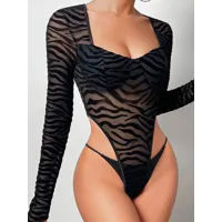 lingerie noir imprimé zèbre femme sous-vêtement sexy body manches longues