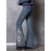 jeans pour femme bas de cloche en coton brodé décontracté pantalon à pattes d'éléphant