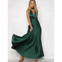 robe longue verte col en v sans manches en tissu satiné robe de longueur de plancher sexy