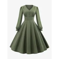 robe vintage des années 1950 col en v plissé manches longues robe trapèze moyenne