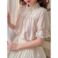 mignonne lolita blouses abricot clair col montant manches courtes bouffantes nœud lolita top lolita shirt